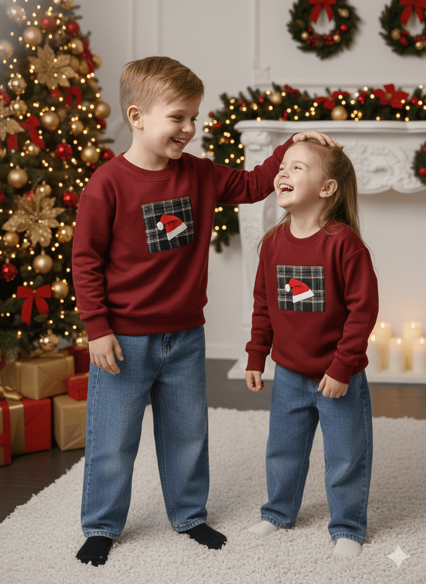 Maroon Checkered Christmas Cap Appliqué T-Shirt - Funny Bones Clothings