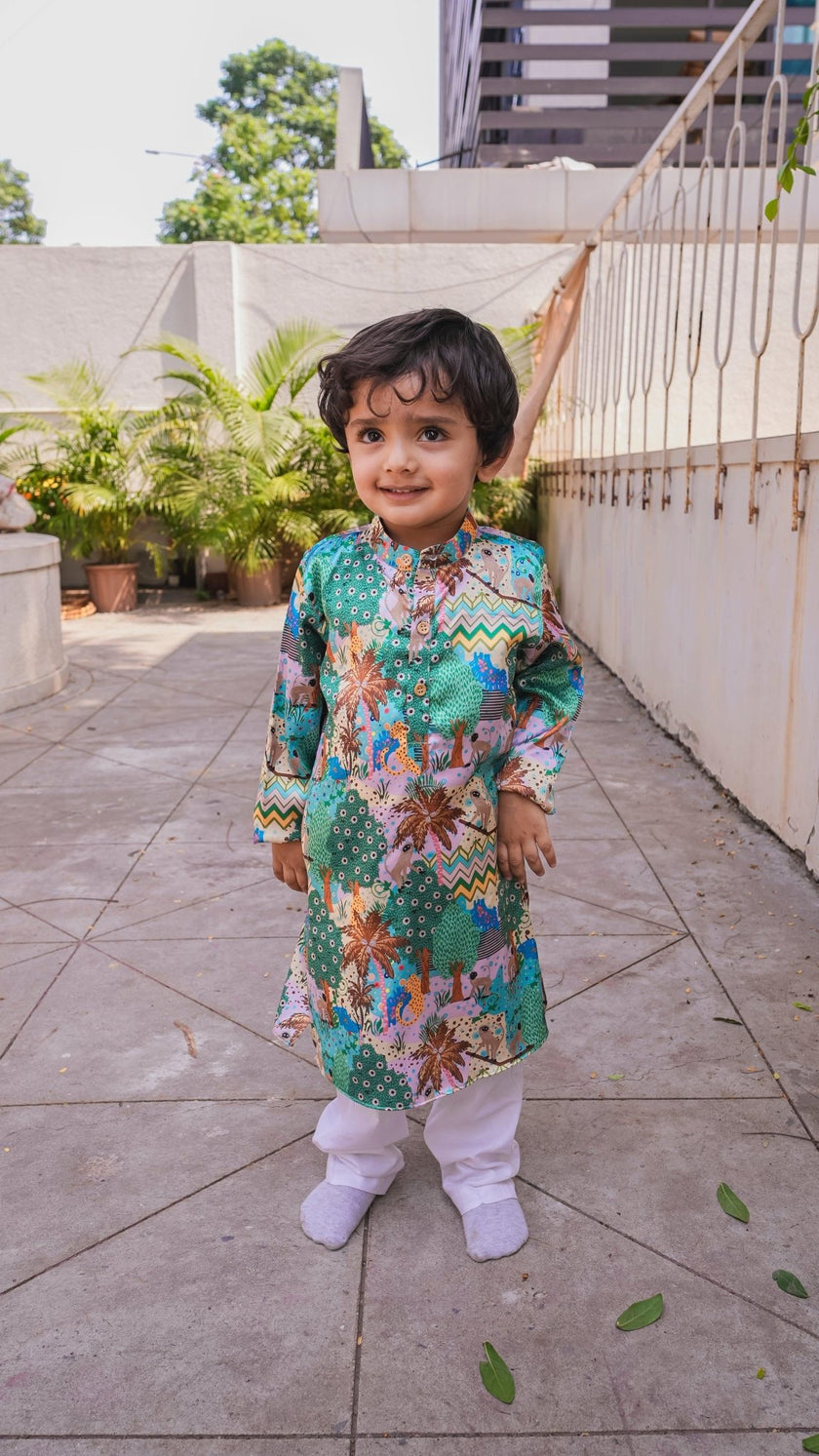 Monkey Print Satin Kurta and Pure Cotton Pajama Set - Funny Bones Clothings