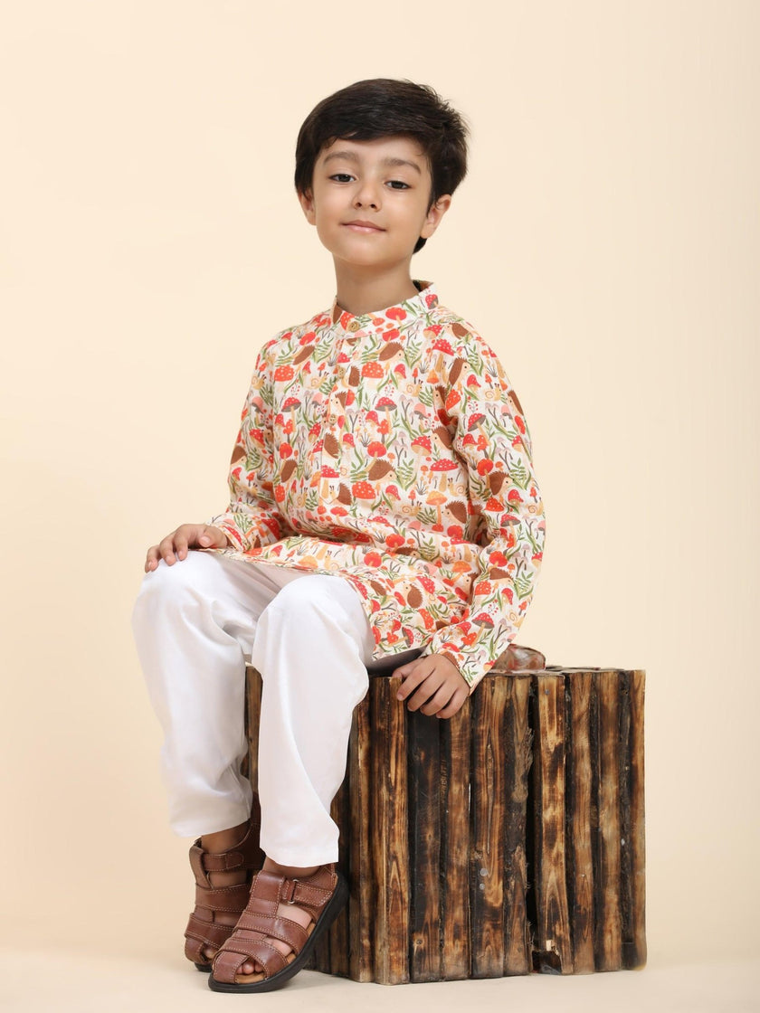 Mushroom Print Pure Linen Kurta and Premium Cotton Pajama Set - Funny Bones Clothings