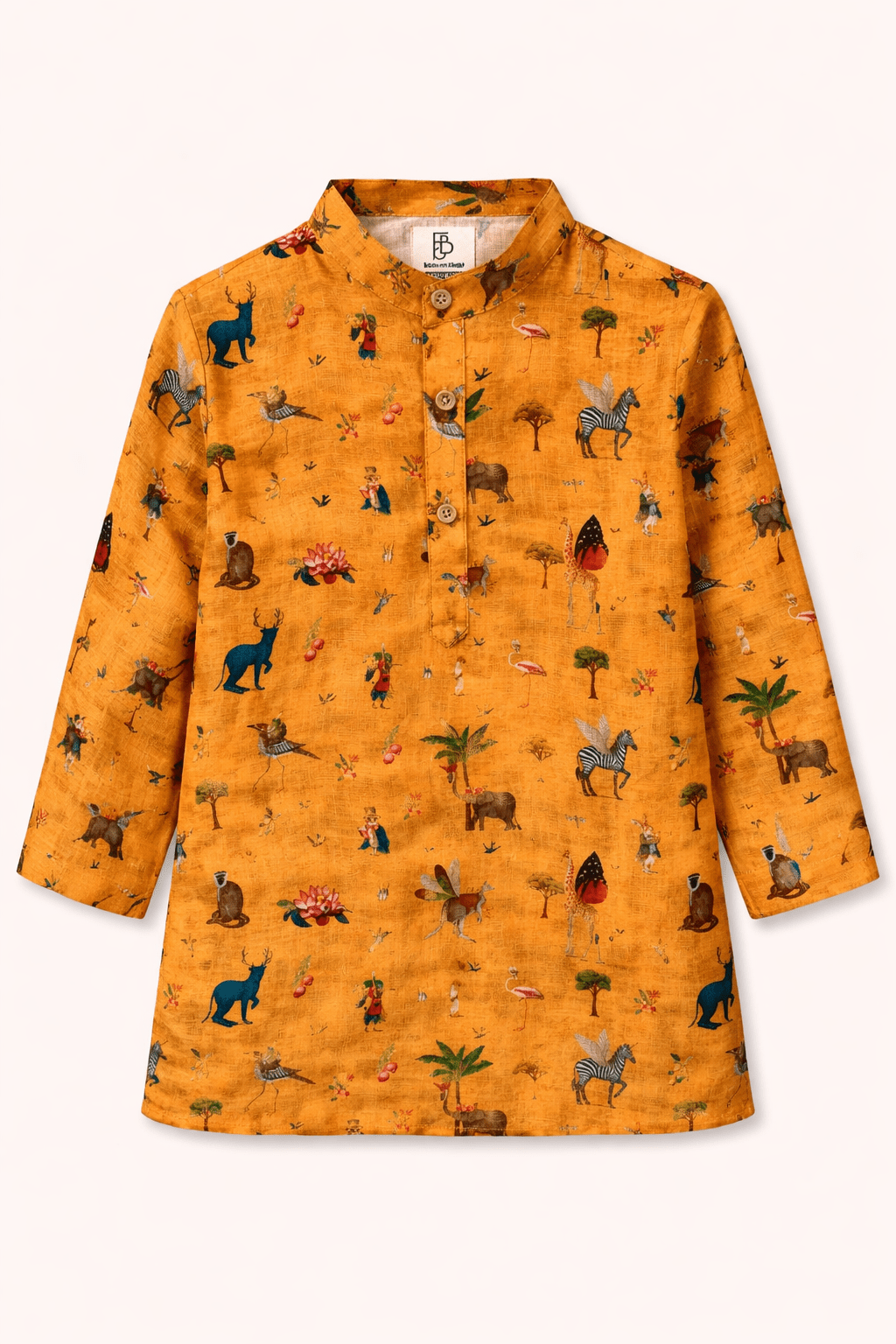 Mustard zoo printed pure linen premium kurta pajama set - Funny Bones Clothings