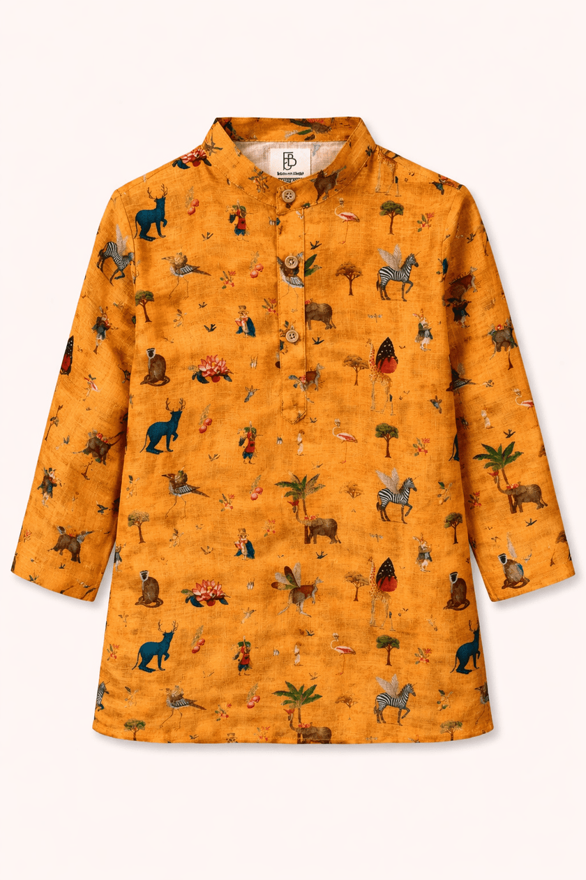 Mustard zoo printed pure linen premium kurta pajama set - Funny Bones Clothings