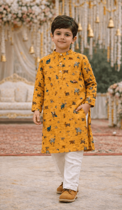 Mustard zoo printed pure linen premium kurta pajama set - Funny Bones Clothings