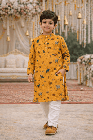 Mustard zoo printed pure linen premium kurta pajama set - Funny Bones Clothings
