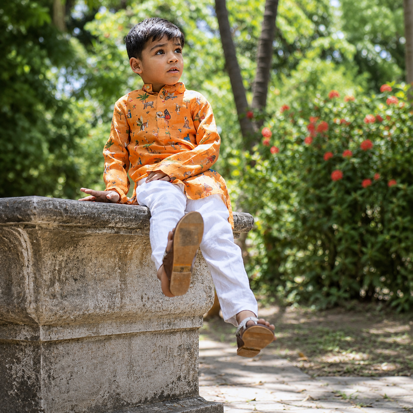 Mustard zoo printed pure linen premium kurta pajama set - Funny Bones Clothings