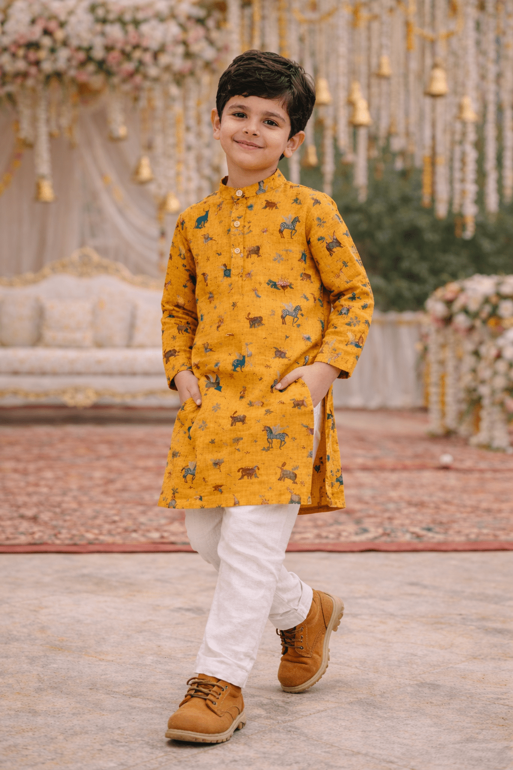 Mustard zoo printed pure linen premium kurta pajama set - Funny Bones Clothings