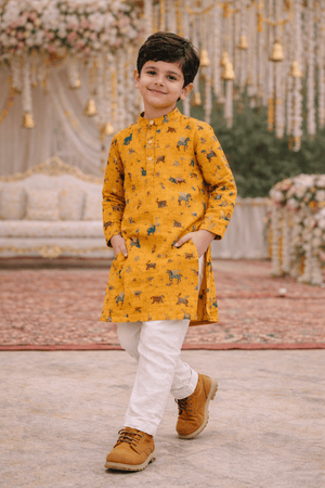 Mustard zoo printed pure linen premium kurta pajama set - Funny Bones Clothings