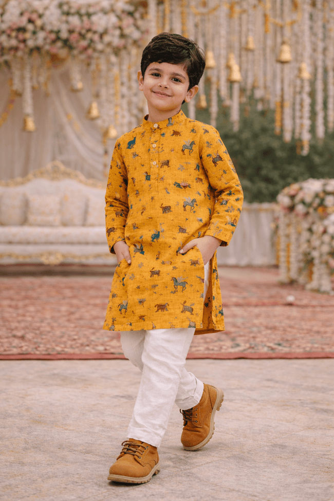 Mustard zoo printed pure linen premium kurta pajama set - Funny Bones Clothings
