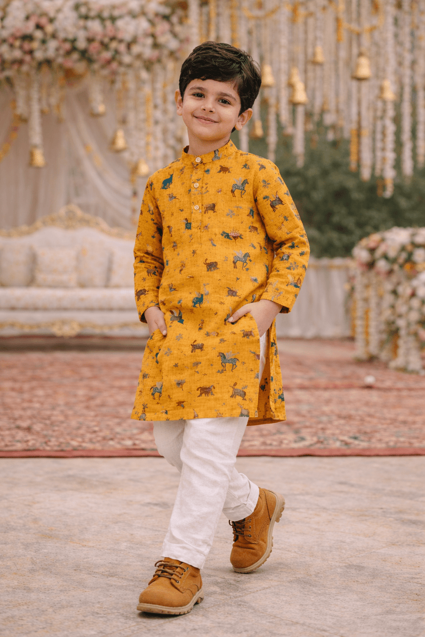 Mustard zoo printed pure linen premium kurta pajama set - Funny Bones Clothings