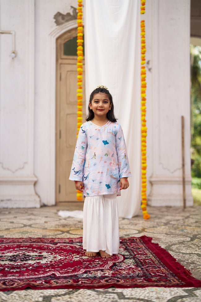 Ocean Whisper Girls Pure Muslin Silk Kurti Sharara Set - Funny Bones Clothings