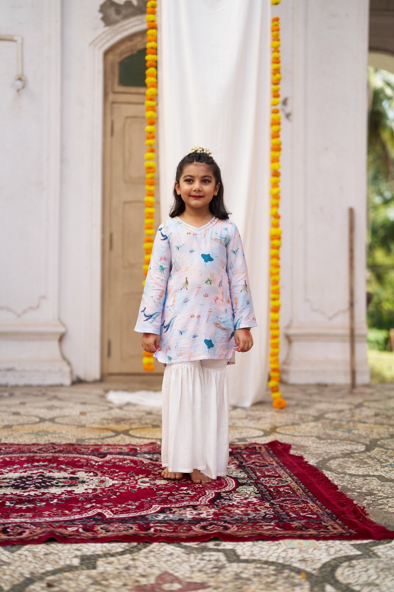 Ocean Whisper Girls Pure Muslin Silk Kurti Sharara Set - Funny Bones Clothings
