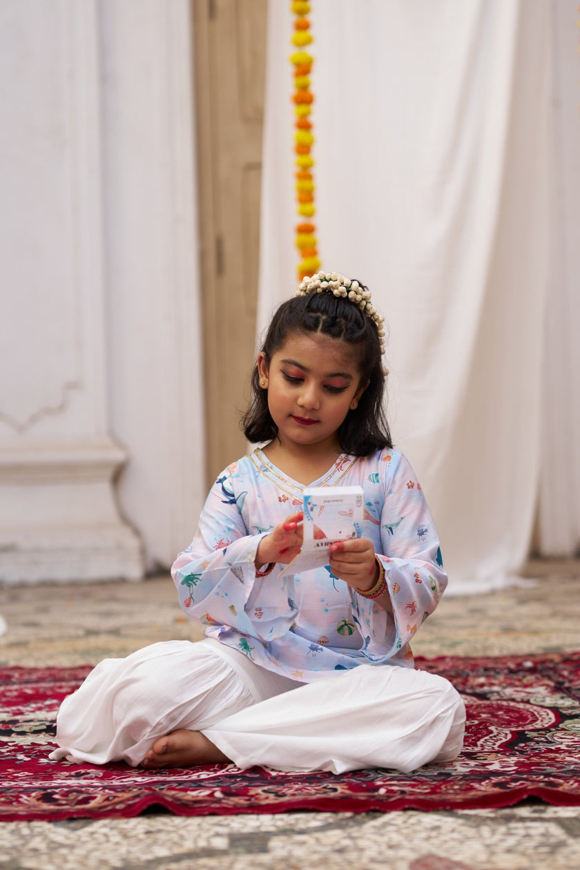 Ocean Whisper Girls Pure Muslin Silk Kurti Sharara Set - Funny Bones Clothings