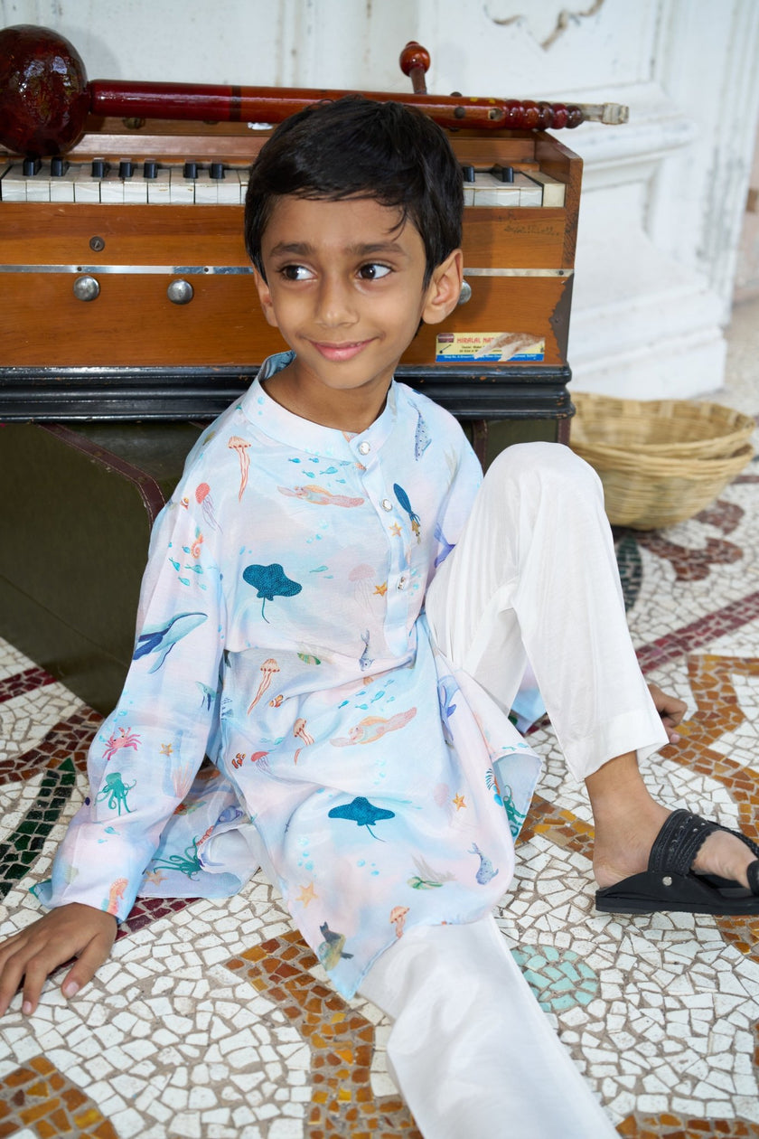 Ocean Whisper Pure Muslin Silk Kurta Pajama Set - Funny Bones Clothings