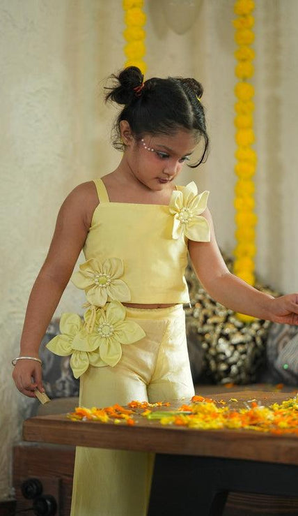 Pearl Embeded Sunflower Pure Organza Top Plazzo Set - Yellow Color - Funny Bones Clothings