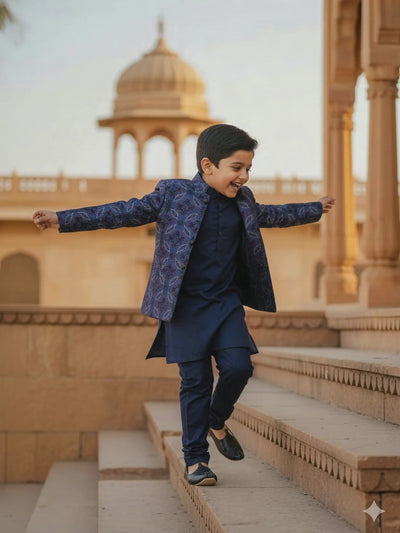 Threaded Blossom Embriodered Silk Open Jodhpuri  Pure Cotton Kurta Pajama Set -  Blue