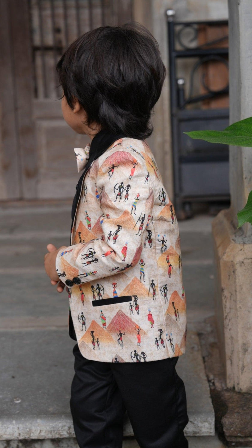 Pyiramid Print Blazer with Pintex Shirt and Black Cotton PantSet with Complimentory Bow - Funny Bones Clothings
