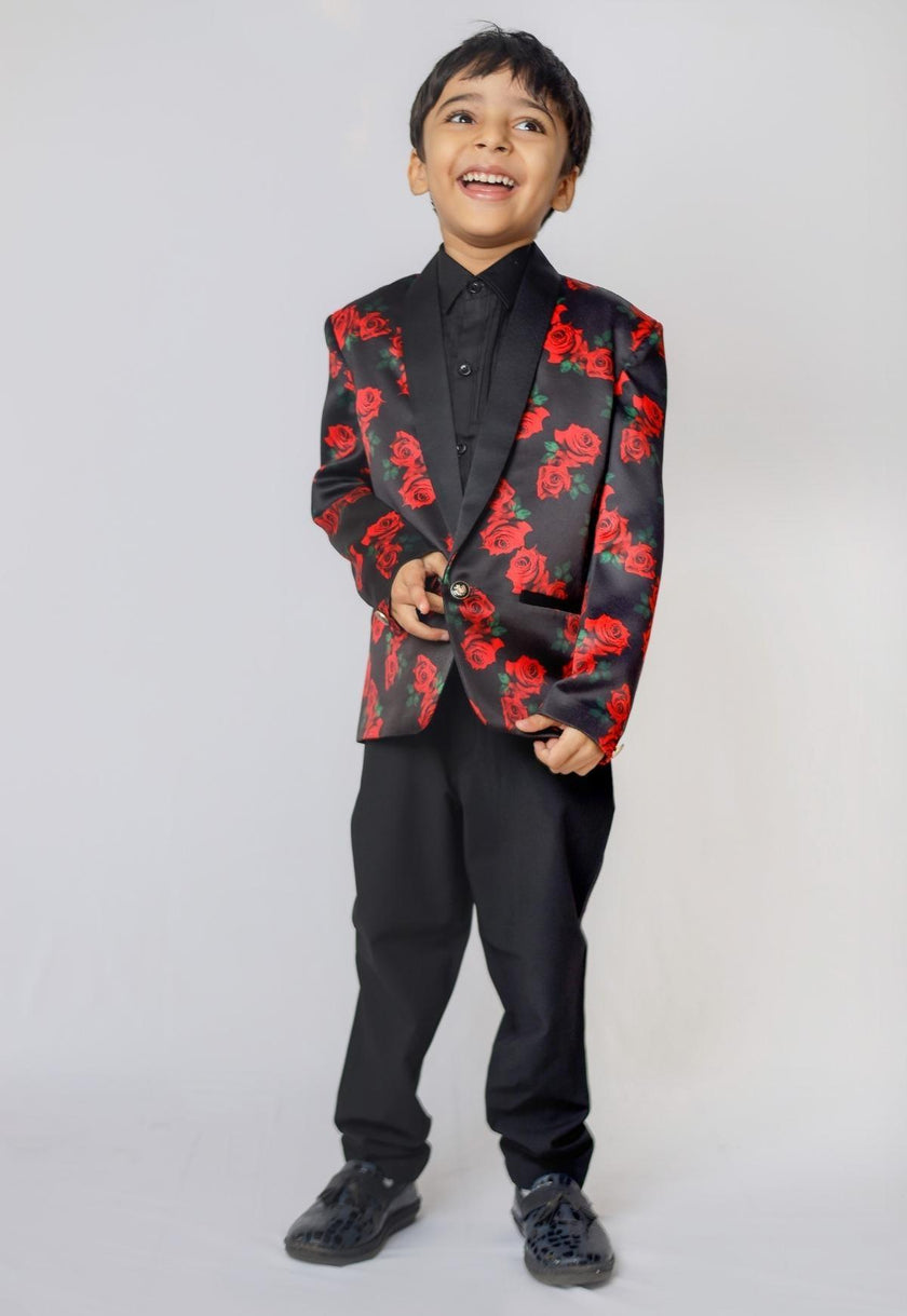 Red Rose Printed Satin Blazer Only - Funny Bones Clothings