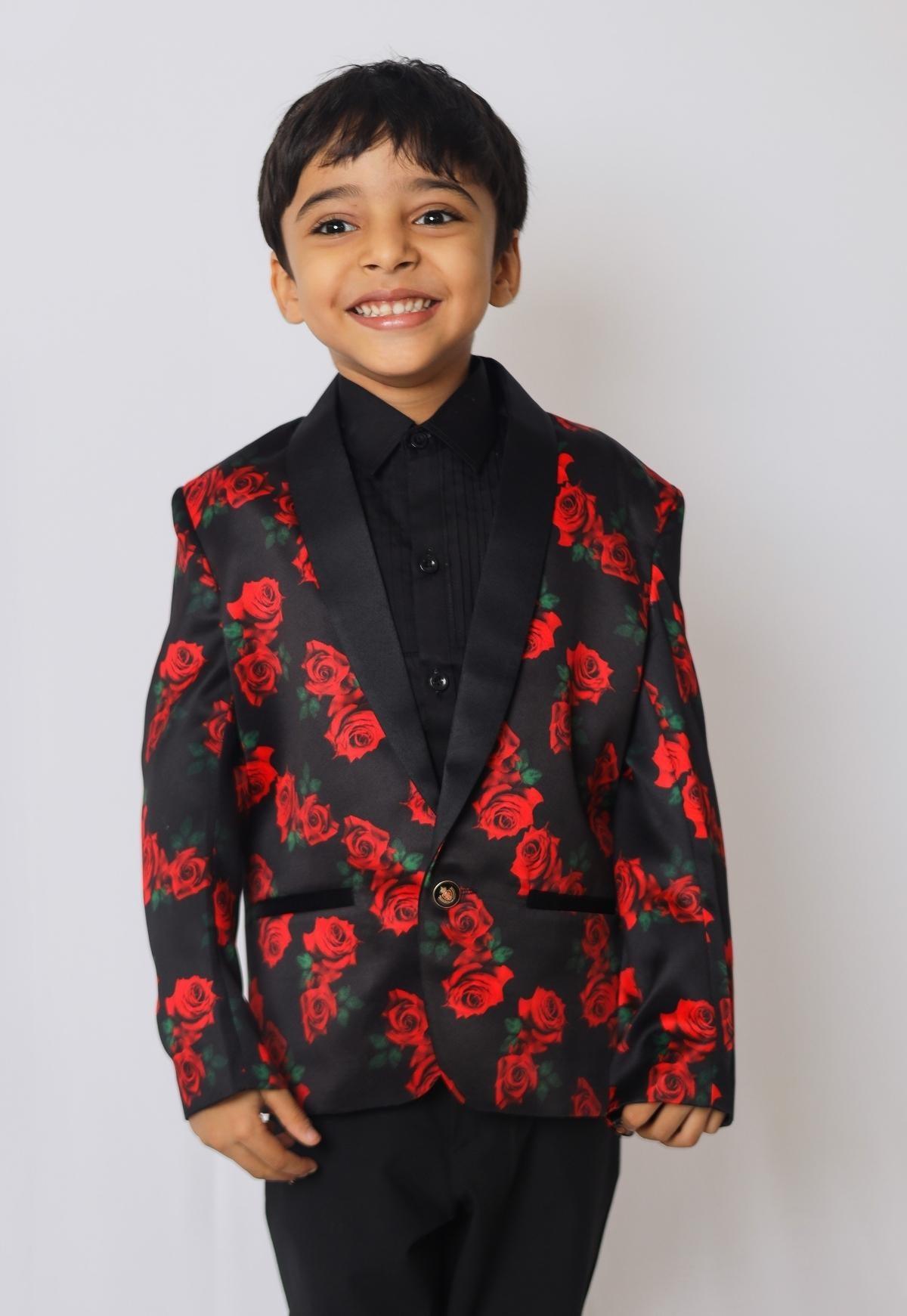 Red Rose Printed Satin Blazer Only - Funny Bones Clothings