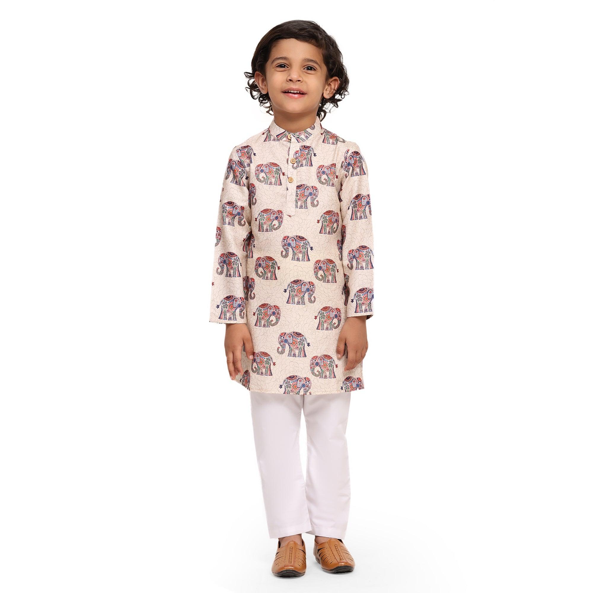 Royal Elephant print Vestiario's Blend Linen Kurta Pajama Set - Funny Bones Clothings