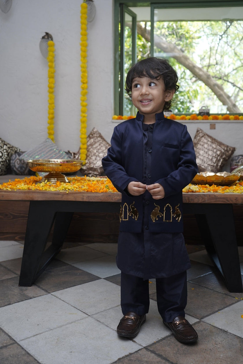 Royal Elephant Work Premium Satin Jodhpuri Open Jacket with Kurta Pajama Set - Funny Bones Clothings