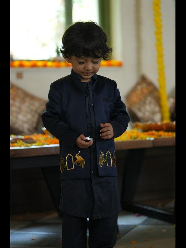 Royal Elephant Work Premium Satin Jodhpuri Open Jacket with Kurta Pajama Set - Dark Blue Color - Funny Bones Clothings