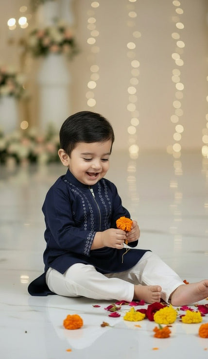 Royal Navy Blue Mirror work Kurta Pajama Set - Funny Bones Clothings