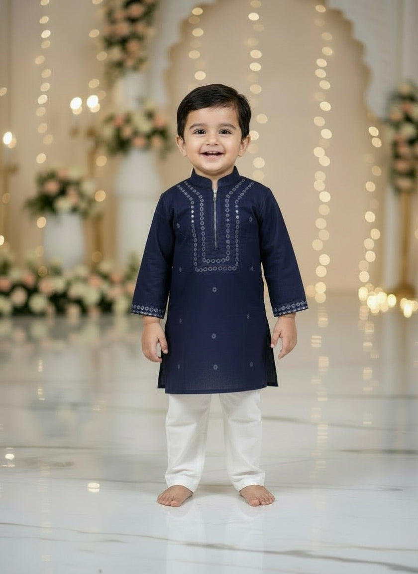 Royal Navy Blue Mirror work Kurta Pajama Set - Funny Bones Clothings