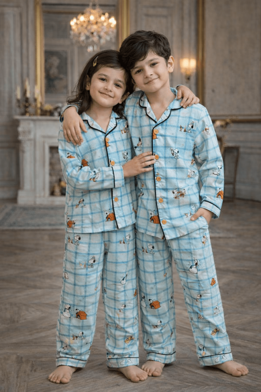 Snoopy's world checks Premium Italian Cotton Night Suit - Funny Bones Clothings