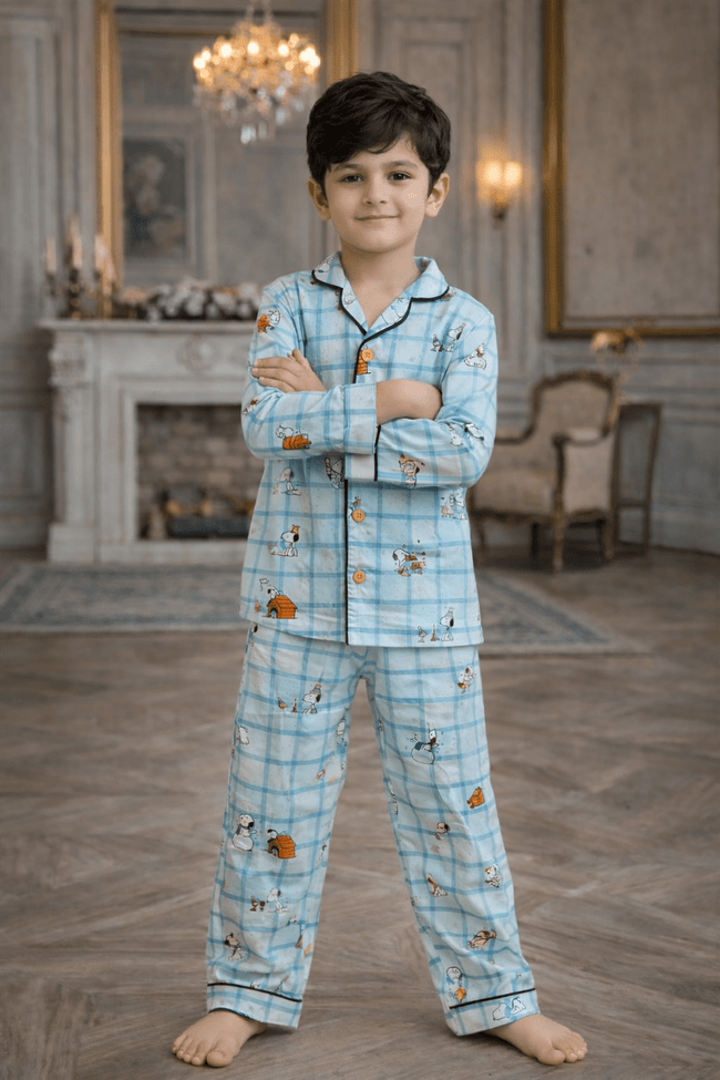 Snoopy's world checks Premium Italian Cotton Night Suit - Funny Bones Clothings