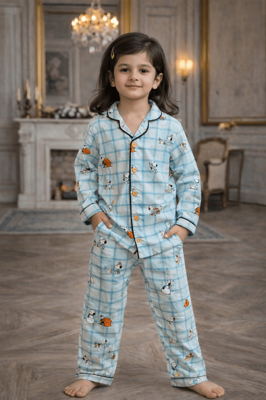Snoopy's world checks Premium Italian Cotton Night Suit - Funny Bones Clothings