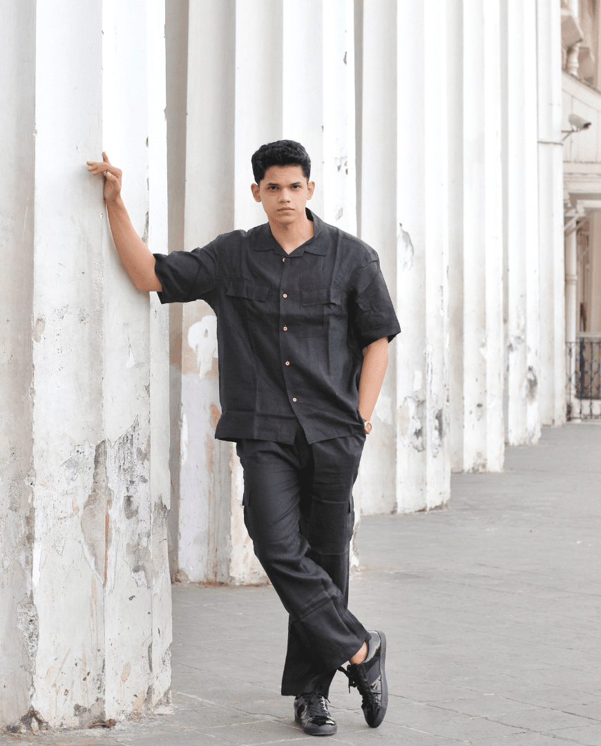 Solid Colour Pure Linen Co-ord Sets - Black - Funny Bones Clothings