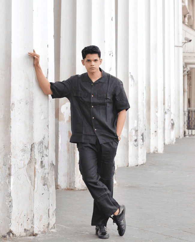 Solid Colour Pure Linen Co-ord Sets - Black - Funny Bones Clothings