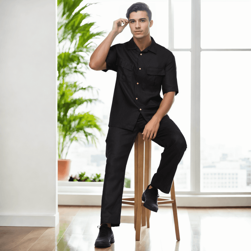 Solid Colour Pure Linen Co-ord Sets - Black - Funny Bones Clothings