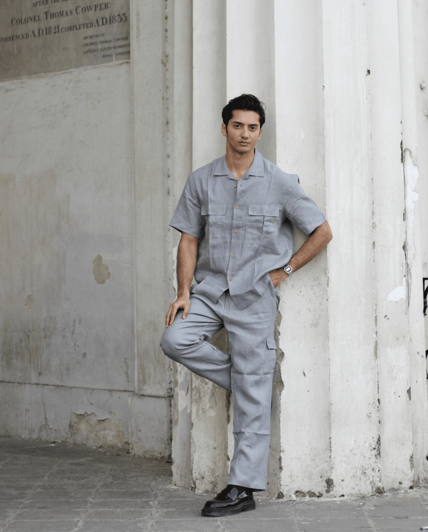 Solid Colour Pure Linen Co-ord Sets - Light Grey - Funny Bones Clothings