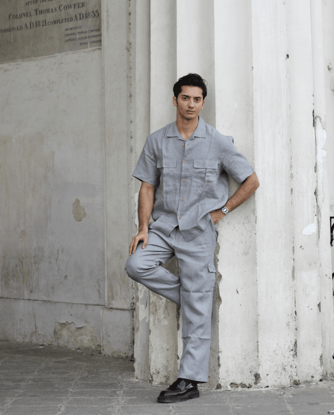 Solid Colour Pure Linen Co-ord Sets - Light Grey - Funny Bones Clothings
