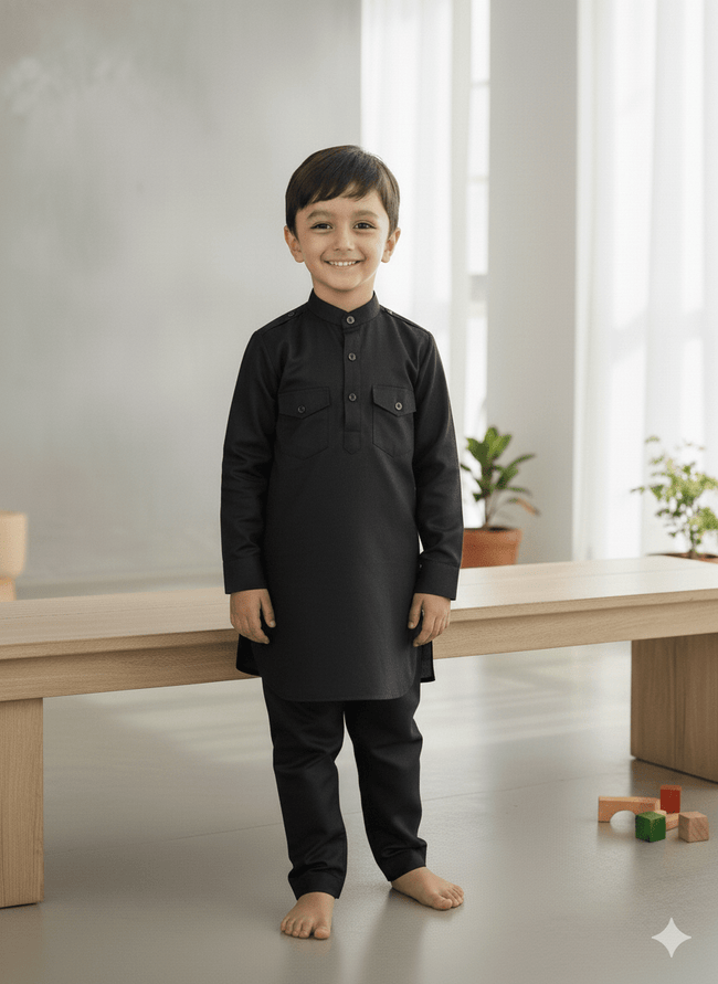 Solid Metallic Black Pure Cotton Pathani Set - Funny Bones Clothings