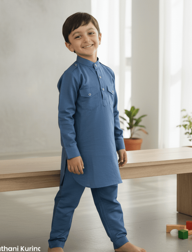 Solid Metallic Blue Pure Cotton Pathani Set. - Funny Bones Clothings