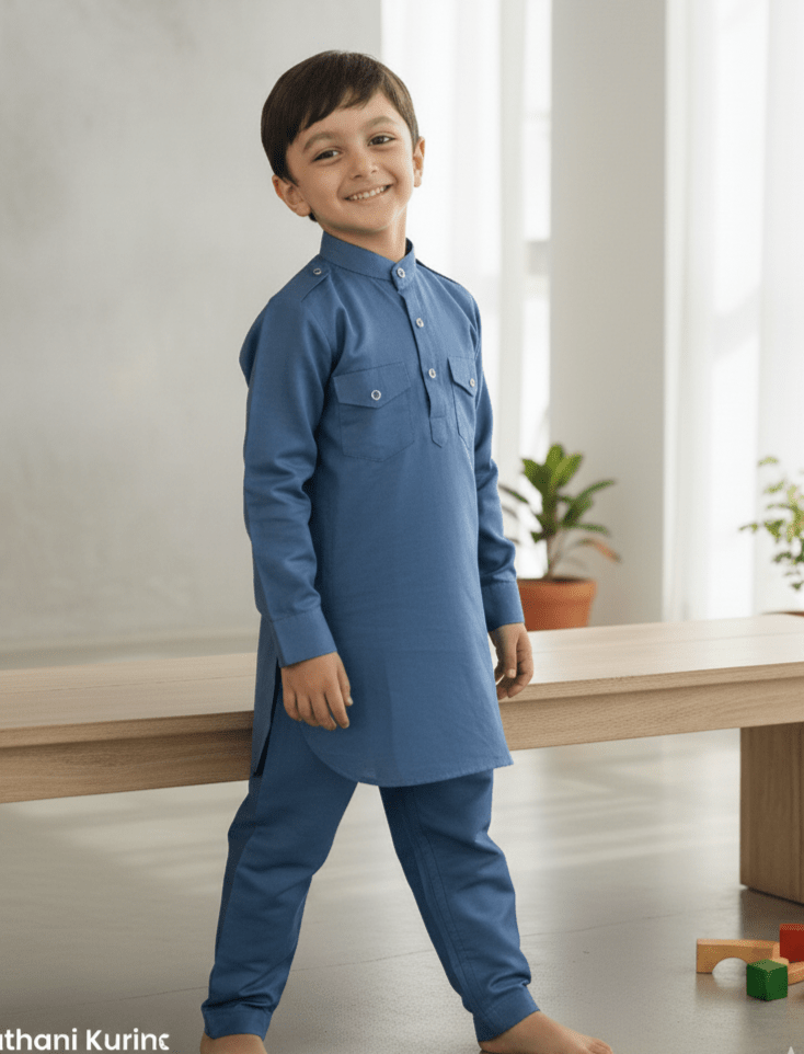 Solid Metallic Blue Pure Cotton Pathani Set. - Funny Bones Clothings