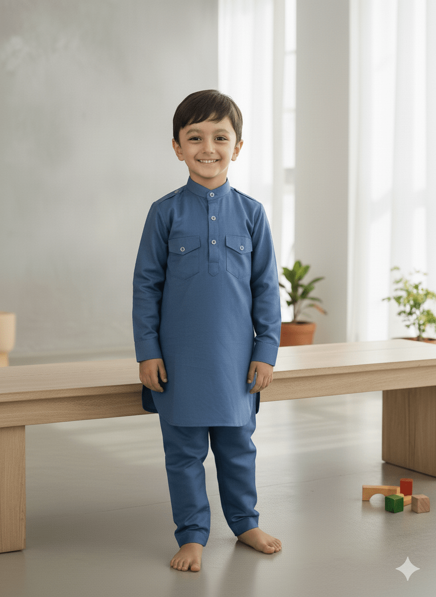 Solid Metallic Blue Pure Cotton Pathani Set. - Funny Bones Clothings