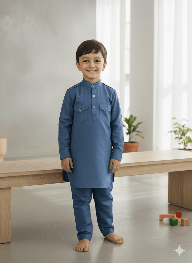 Solid Metallic Blue Pure Cotton Pathani Set. - Funny Bones Clothings