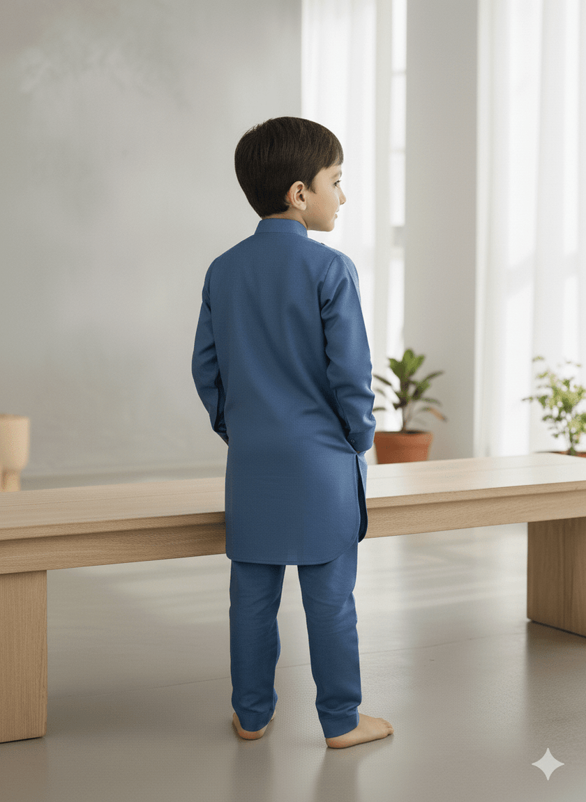 Solid Metallic Blue Pure Cotton Pathani Set. - Funny Bones Clothings