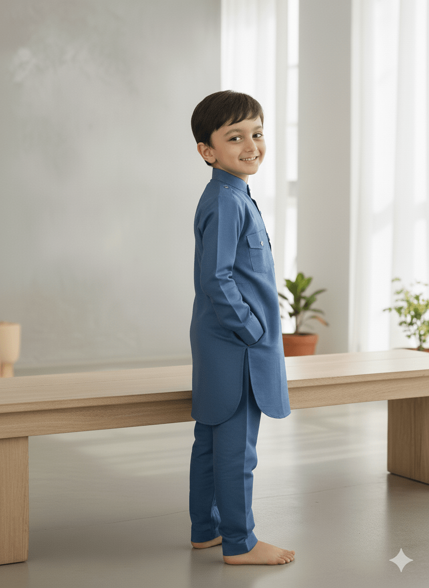 Solid Metallic Blue Pure Cotton Pathani Set. - Funny Bones Clothings