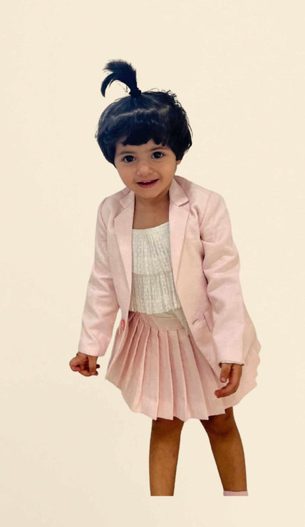 Solid Pink Blazer Skirt with White Pintex Spegitti Set - Funny Bones Clothings
