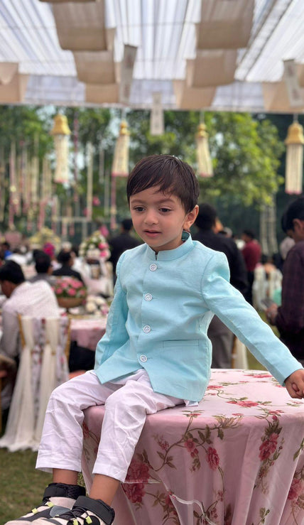 Solid Sky Blue Pure Linen Bandgala Blazer with White Kurta Pajama Set - Funny Bones Clothings