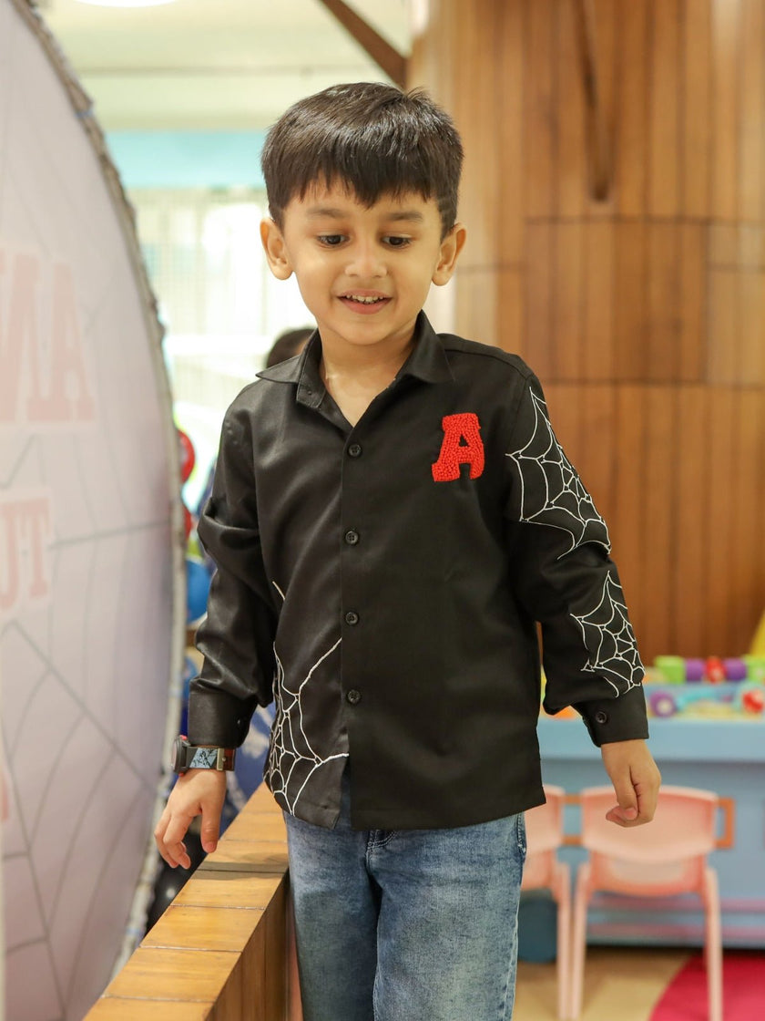 Spiderman Themed Pure Cotton Embriodered Shirt Only (Name Alphabet Customisable; Non Returnable) - Funny Bones Clothings