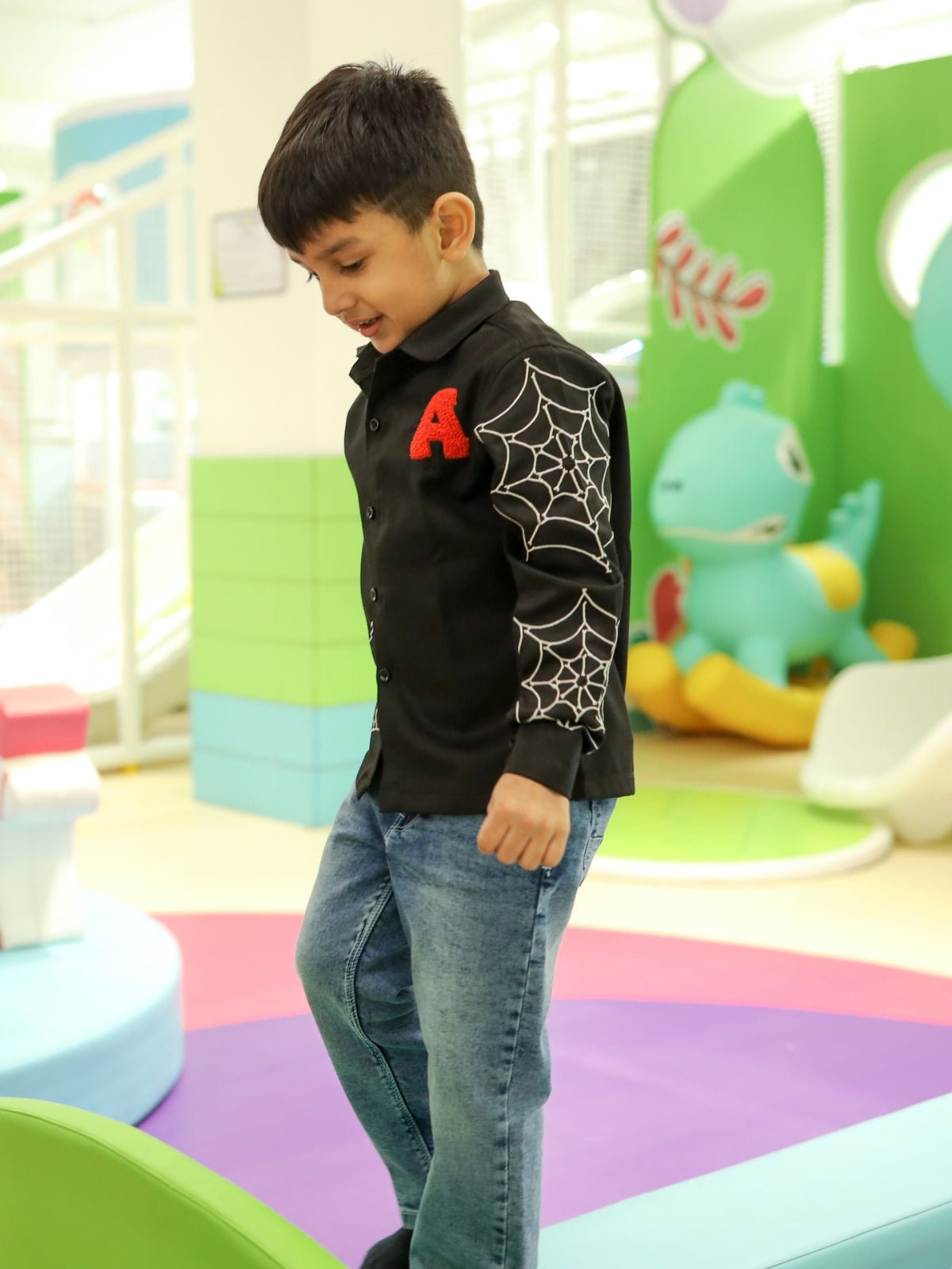 Spiderman Themed Pure Cotton Embriodered Shirt Only (Name Alphabet Customisable; Non Returnable) - Funny Bones Clothings