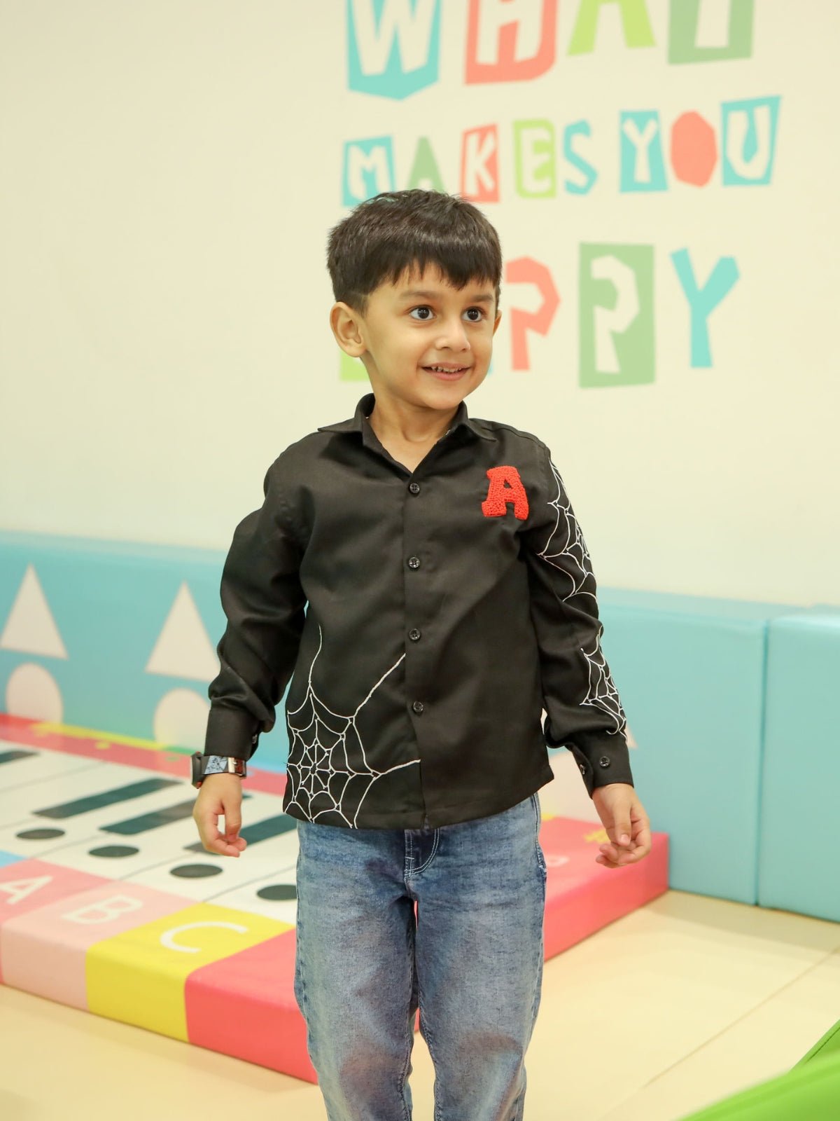 Spiderman Themed Pure Cotton Embriodered Shirt Only (Name Alphabet Customisable; Non Returnable) - Funny Bones Clothings