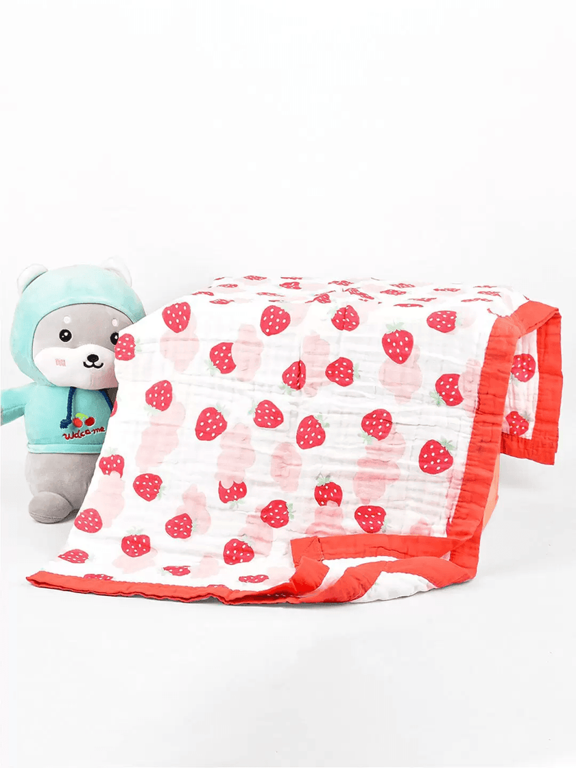 Strawberry Print 100% Soft Cotton Muslin Blanket (Pack of 1) - Funny Bones Clothings
