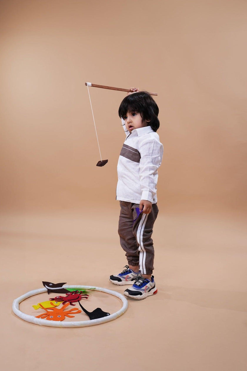 Striped Pure Linen Premium Co-ords - White - Brown - Funny Bones Clothings
