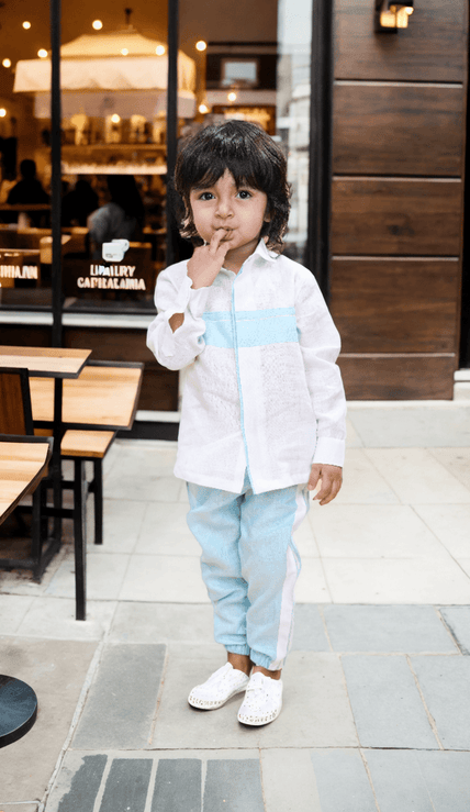 Striped Pure Linen Premium Co-ords - White - Sky Blue - Funny Bones Clothings