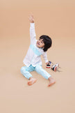 Striped Pure Linen Premium Co-ords - White - Sky Blue - Funny Bones Clothings